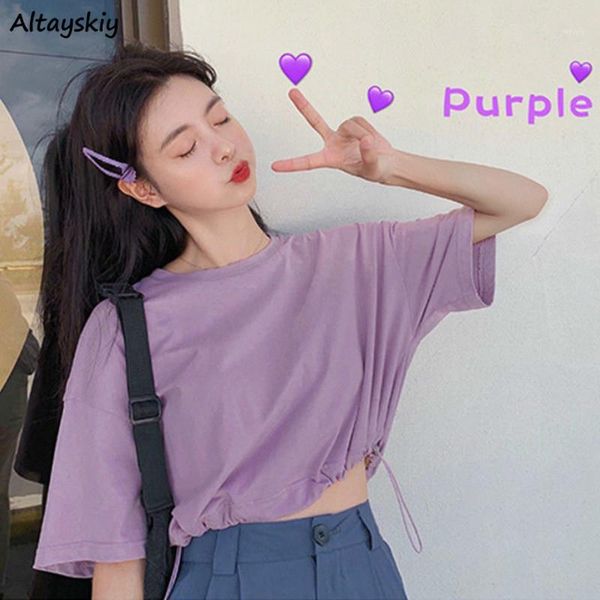 

t-shirts women drawstring green purple summer fashion leisure crop tee student sweet girls ulzzang clothing simple chic1, White