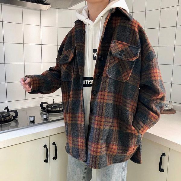 

men's wool & blends winter woolen coat men fashion retro casual plaid long jacket man streetwear loose couple windbreaker male clothes1, Black