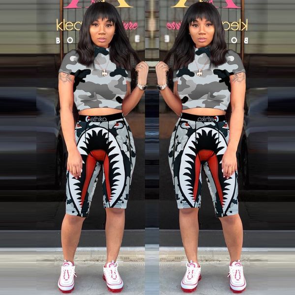 

women's new casual cartoon camouflage printed stitching two-piece set sales women's new casual cartoon ribbon ribboncamouflage pri, Gray