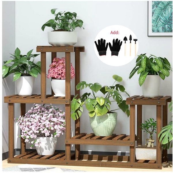 

4 tiers bamboo wooden plant stand indoor outdoor garden planter flower pot stand shelf with tools