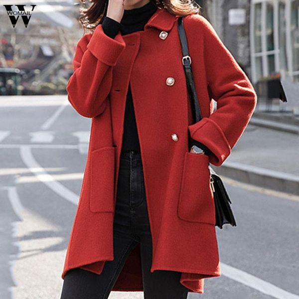 

women's wool & blends womail elegant blend coat woman long single breasted sleeve plus size outerwear jacket slim female solid, Black