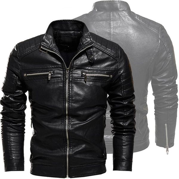 

men's fur & faux autumn leather jacket men zippers fleece motorcycle jackets coats biker casual clothing, Black