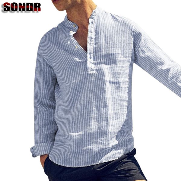 

spring summer fashion 2020 personality men's cotton striped slim shirt casual men long sleeve stand collar shirts s-5xl, White;black