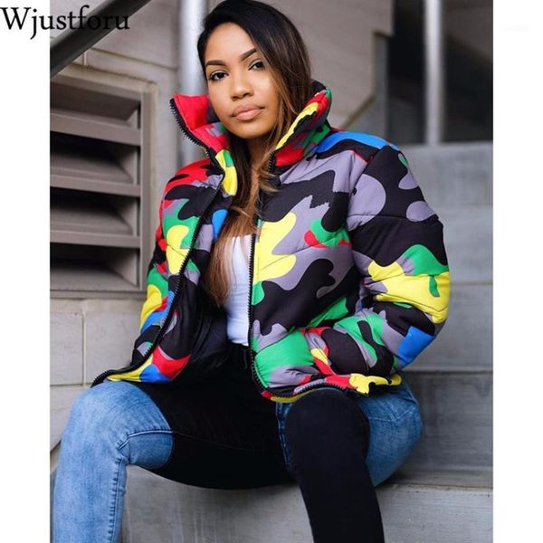 

wjustforu s-4xl plus size camouflage print winter wear bubble coat female cropped puffer down jacket plus size parka outerwear1, Black