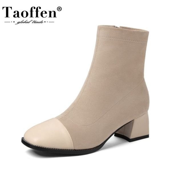 

taoffen size 33-43 women ankle boots thick heel zipper flock shoes square toe winter warm boots fashion lady office footwear, Black