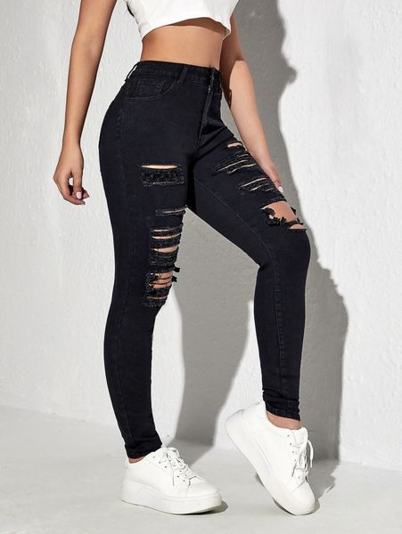 

solid skinny ripped jeans j40d#, Blue