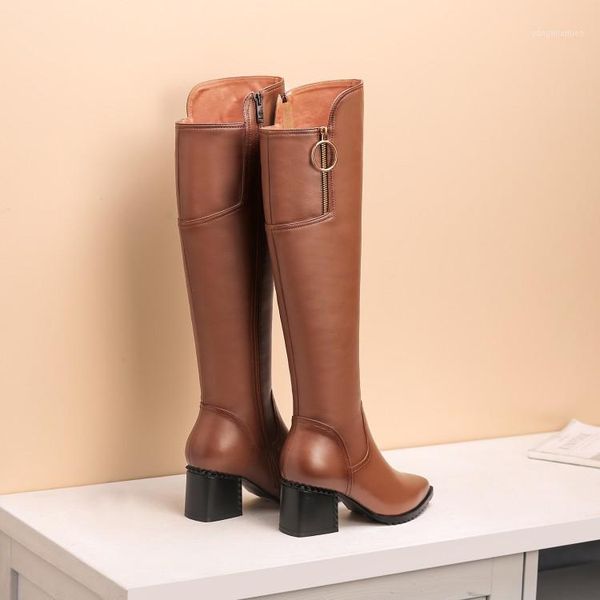 

gpokhds 2020 women knee-high boots cow leather winter short plush pointed toe black color high heels female boots size 34-421