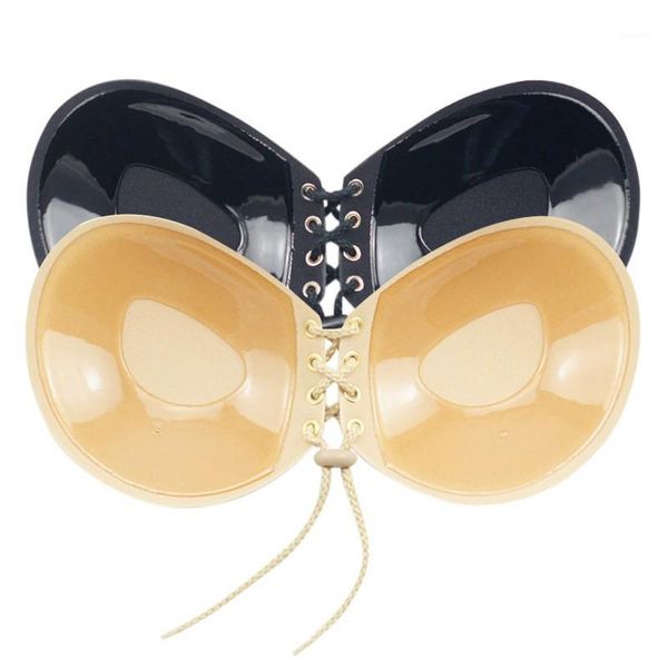 

wholesale- women silicone bra invisible push up stick on self adhesive front lacing bras strapless lingerie cup1, Red;black