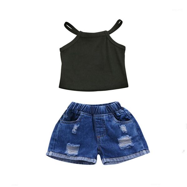

clothing sets girls 2021 summer baby strap vest and ripped denim shorts1, White