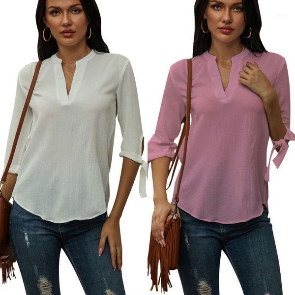 

women solid color chiffon blouse v neck bowknot tie up half sleeve slim summer loose casual 1, White