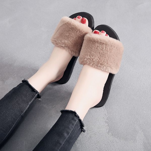 

simple flat-soled faux fur slides shoes fashionable women's flip flops indoor wear sandals soft touch faux fur slippers y200423, Black