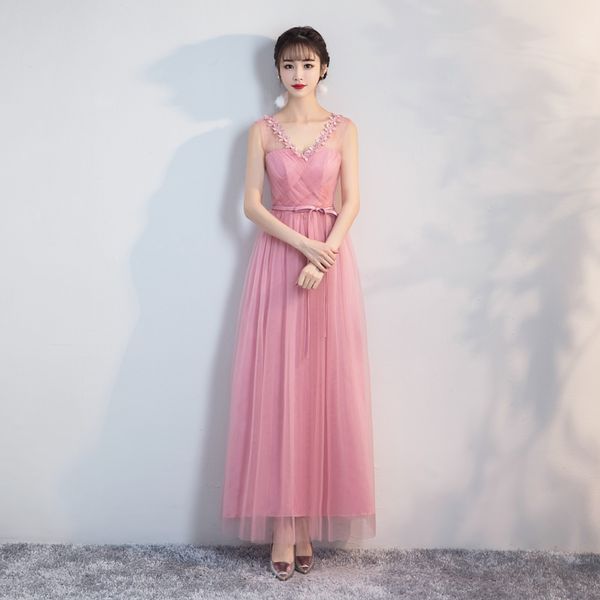 

Tulle V-neck Group Sisters Korean Top Sexy Formal Wedding Party Host Long pink Evening Dress Evening Dresses Vestido Longo 6969
