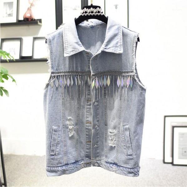 

2020 summer women's casual denim vest korean heavy industry sequins diamond chain tassel sleeveless jean jacket ropa para mujer1, Black;white