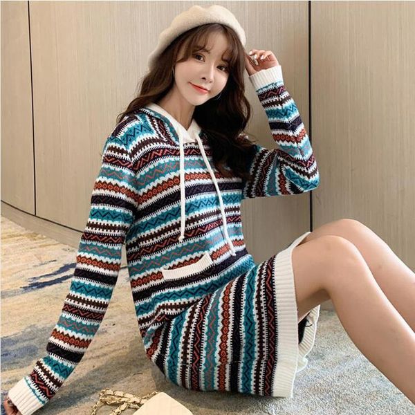 

long sweater dress over the knee loose korean 2020 new autumn and winter rainbow striped knit dress female thick warm top, Black;gray
