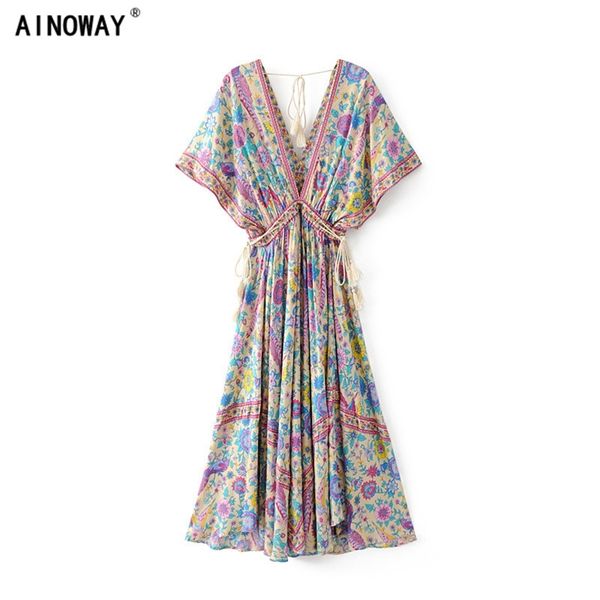 Vintage chique mulheres pavão floral impressão bat manga praia boêmio maxi vestidos robe senhoras com decote em v borla verão boho vestido 220215