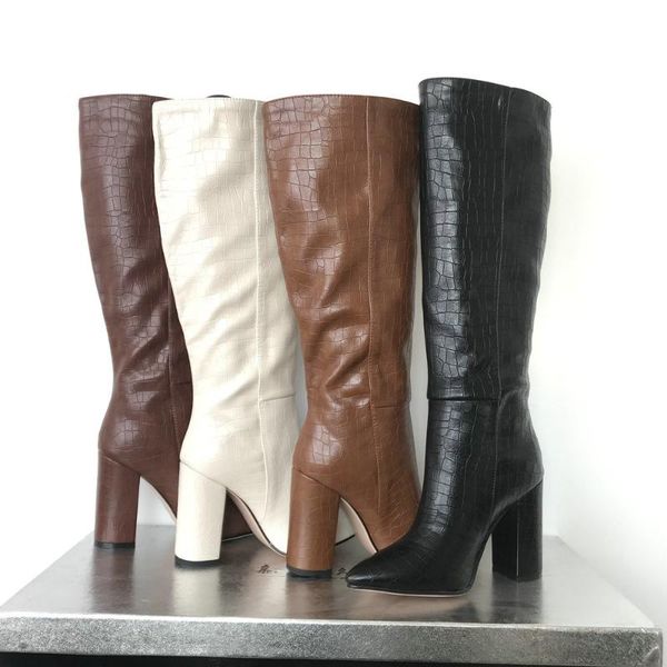 

boots band designer faux leather women knee high pointed toe long chunky block heel black apricot brown