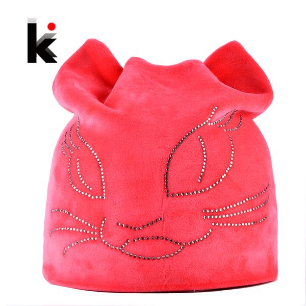 

зимние шапочки шляпы для женщин алмазные cat бархатные gorros для девочек теплый fluff шапочки шапочка с ушками тука feminina inverno y20102, Blue;gray
