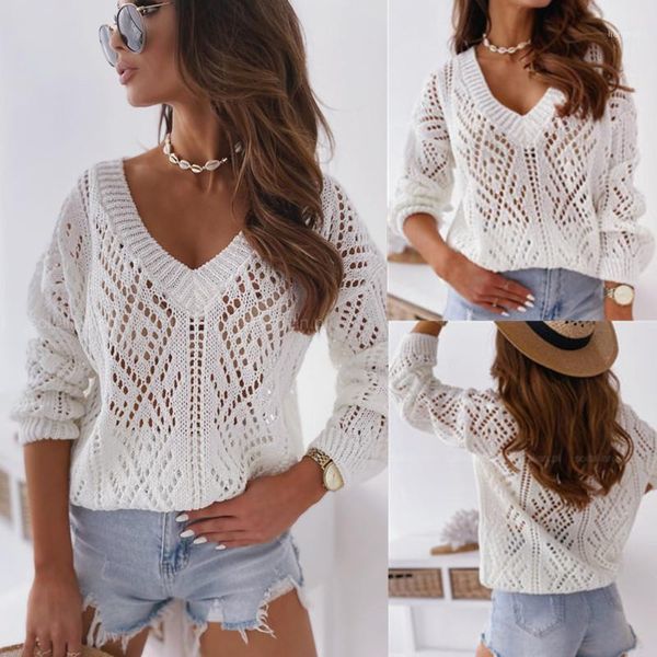 

2020 new autumn women knitted pullover sweater deep v-neck long sleeve hollow out loose sweater solid color knit, White;black