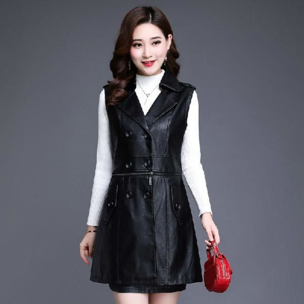 

moda 2021 new feminina de rua breasted plutnio falso couro colete vintage removvel feminino outerwear chique superior plus size 4xl, Black