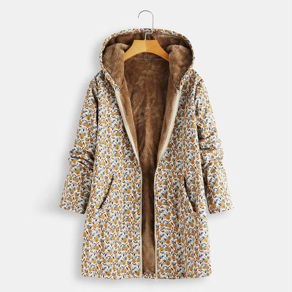 

women long parkas coats plus size 5xl winter warm vintage floral print thick fleece jacket asymmetrical hooded outwearcoat1, Black