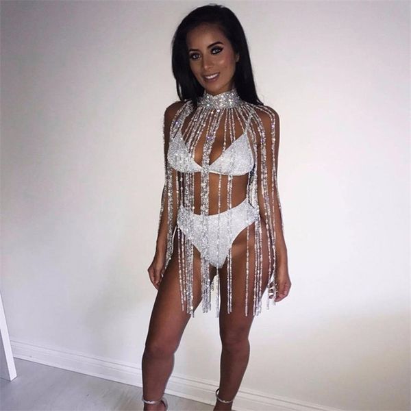 

bohemian bikini crystal body chain necklace statement long rhinestone tassel belly chain for women body jewelry t200508, Silver