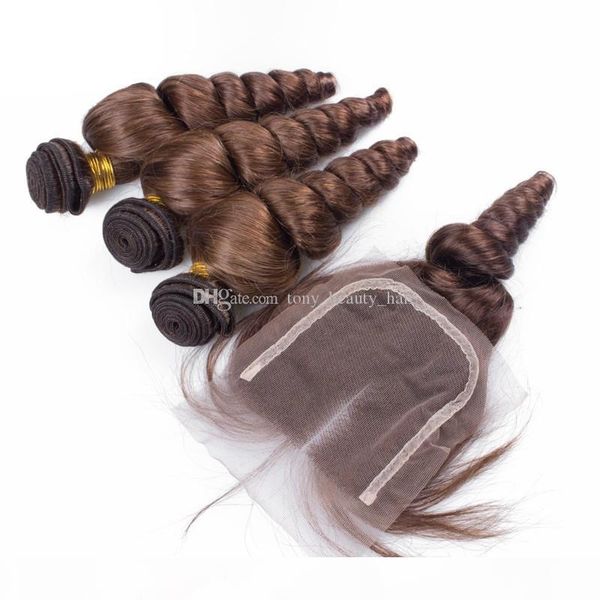 

brazilian loose wave lace closure with bundles 4pcs lot pure color #4 medium brown loose curly human hair 3 bundles with closure piece, Black