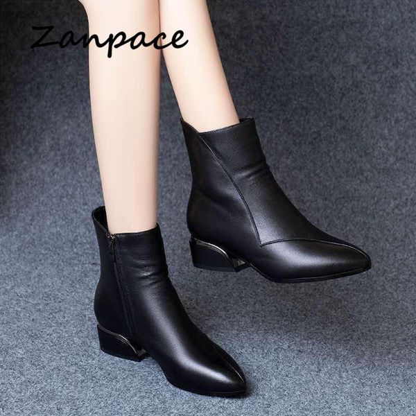 

zanpace 2020 fashion winter women's high boots keep warm pointed toe leather women shoes plus velvet platform women ankle boots, Black