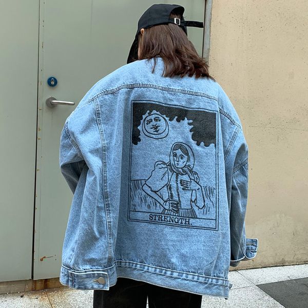 

2021 harajuku cartoon character print women loose single breasted large pocket vintage washed denim jacket odw0, Black;brown
