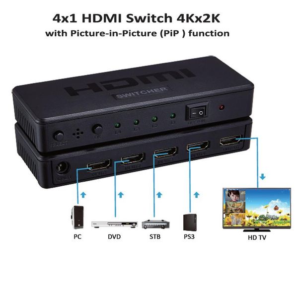 

4x1 switch 4kx2k 4k 30hz picture-in-picture pip / 1080p switcher video converter 4 input 1 out for ps3 ps4 dvd pc hdtv