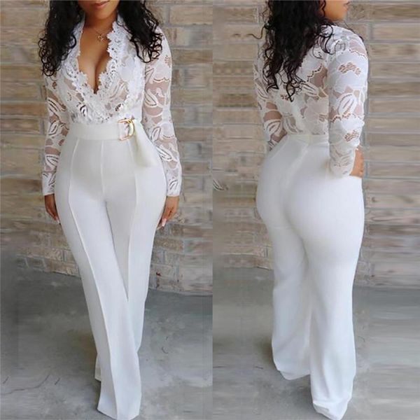 

women's jumpsuits & rompers fashion women white deep v neck lace splicing long sleeve wide leg casual romper overalls playsuit for, Black;white