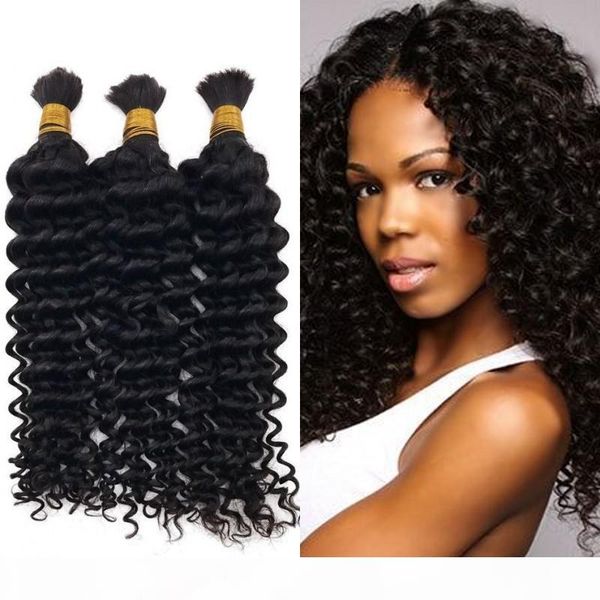 

3pcs human hair deep wave bulk malaysian unprocessed hair natural color curly bulk hair for braiding fdshine, Black