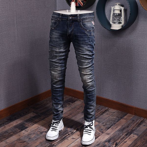 

2021 new italian style fashion retro blue slim fit ripped men elastic vintage designer pants streetwear hip hop jeans 9cpy