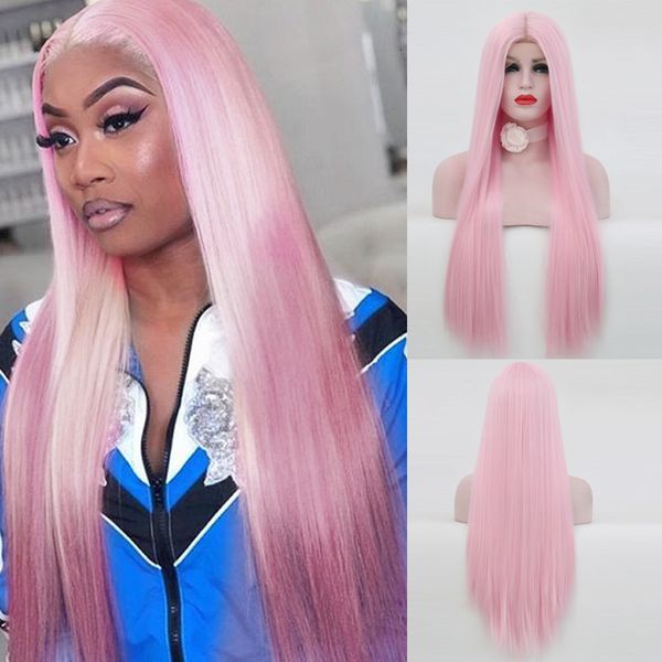 

charisma long silky straight pink wig synthetic lace front wig natural hairline high temperature fiber cosplay wigs for women, Black;brown