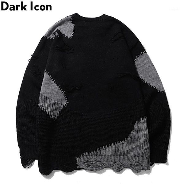 

dark patchwork ripped sweater men crew neck hipster men's sweater knitwear sweaters man1, White;black
