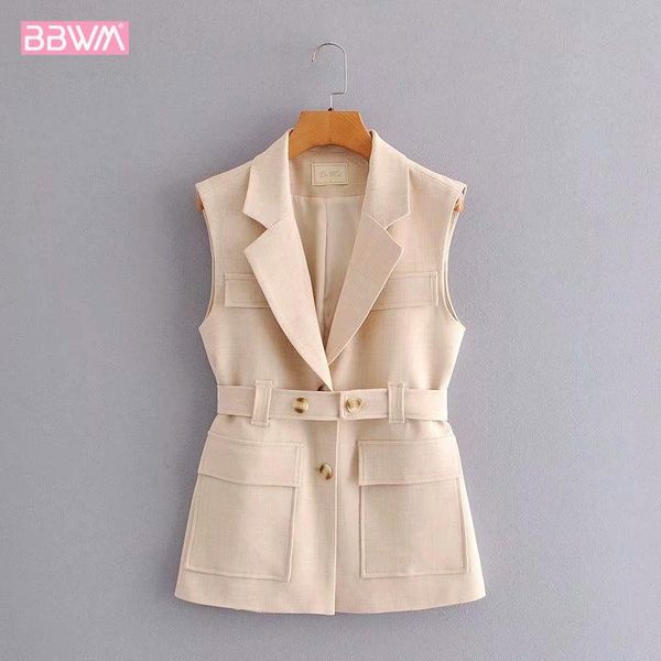 

women's jackets korean style casual lapel sleeveless pocket with belt chic female coat harajuku fashion single-breasted jacket, Black;brown