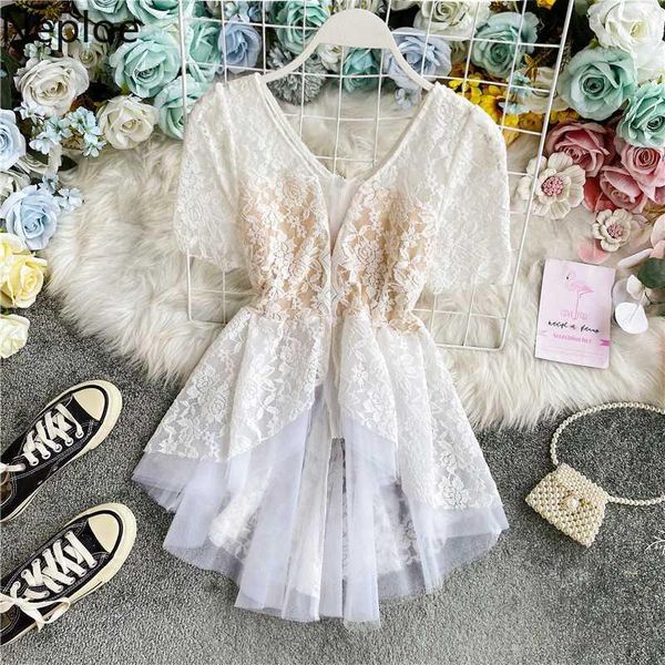 

neploe lace women shirt short sleeve v neck elegant blouse 2020 summer mesh ruffle patchwork blusas mujer de moda 4b1011, White