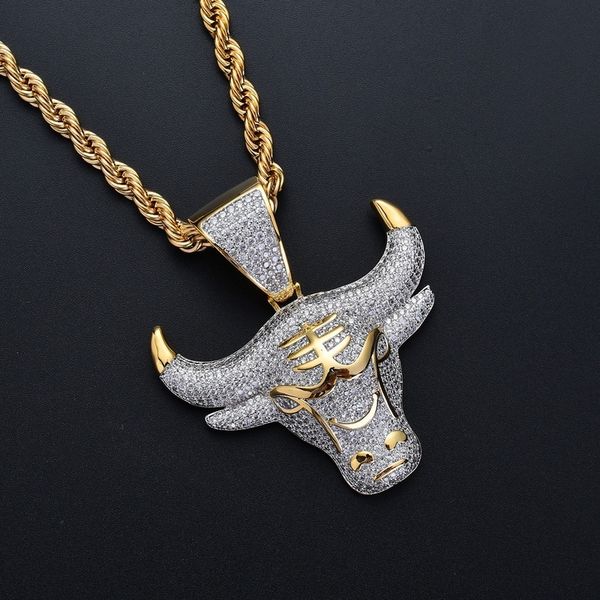 

fashion full rhinestone cow head pendant necklace bling ice out stainless steel gold necklace men's sweater chain 2020 jewelry y200918, Silver