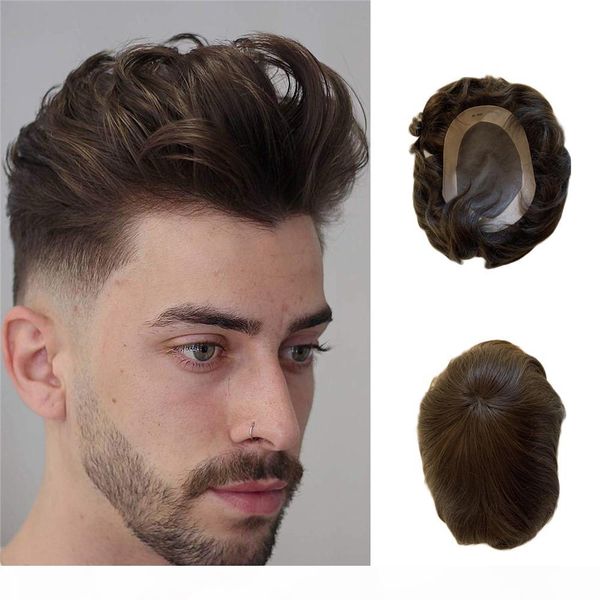 

hair replacement systems mono lace pu indian remy hair toupee mens hair piece wig, Black
