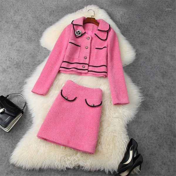 

autumn winter elegant lady sweet two piece outfit runway fashion women short woolen jacket and skirt set celebrity party twinset1, Gray