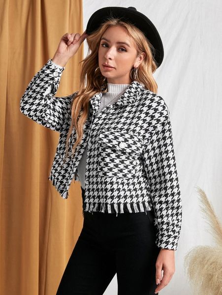 

houndstooth flap pocket drop shoulder raw hem tweed jacket v05m#, Black;brown