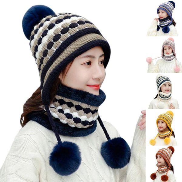 

женщины кашемир шерсть шляпы bib одна женщина зимы толстые вязаная skullies версия cap earmuffs воротник мягкий теплый шарф с капюшоном шапо, Blue;gray