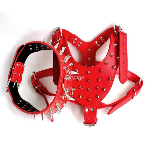 

spiked studded leather dog harness chest 26\"-34\" & spiked leather collar for mastiff pitbu sqcurf