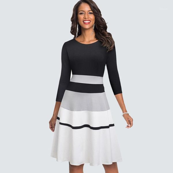 

autumn fashion o neck patchwork elegant swing a line dress casual stripe slim party dress ha1731, Black;gray