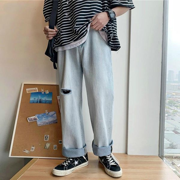 

baggy jeans men holes ankle-length leisure summer plus size 3xl bf straight trousers ins harajuku all-match simple high street, Blue