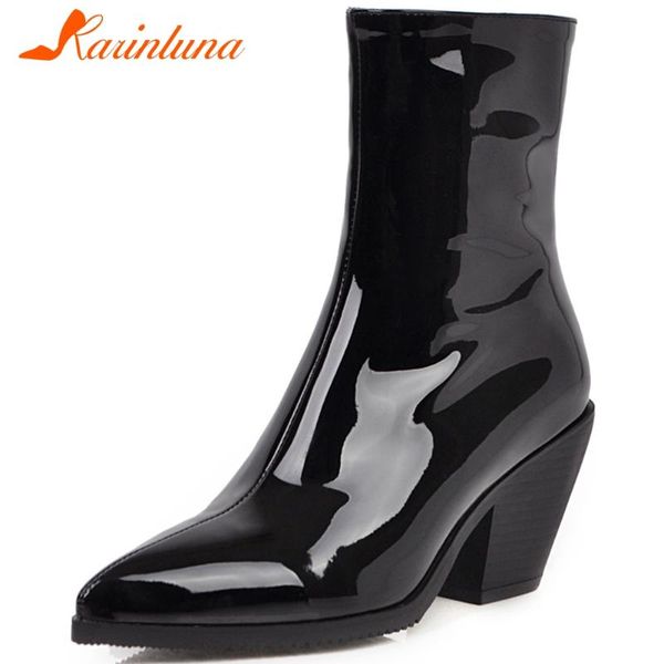 

boots karin brand plus size 31-46 patent pu leather pointed toe chunky heels shoes woman casual party ankle women, Black