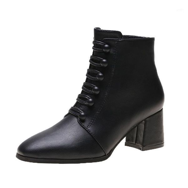 

boots sunny everest 2021 women's leather pointed thick high-heeled short zipper size 35-411, Black