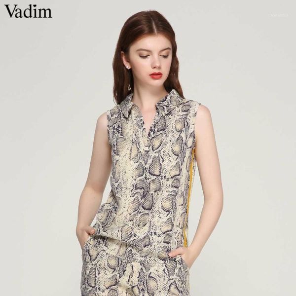 

vadim women stylish snake print blouse sleeveless turn down collar side striped shirts summer ladies casual blusas wa1341, White