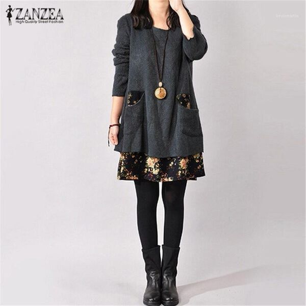 

zanzea women autumn floral printed dress 2020 winter dresses ladies pockets long sleeve casual loose party vestidos oversized1, Black;gray