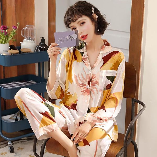 

women's sleepwear printed pajamas long-sleeved trousers cotton silk suit ladies cute button cardigan loose pyjamas women, Black;red