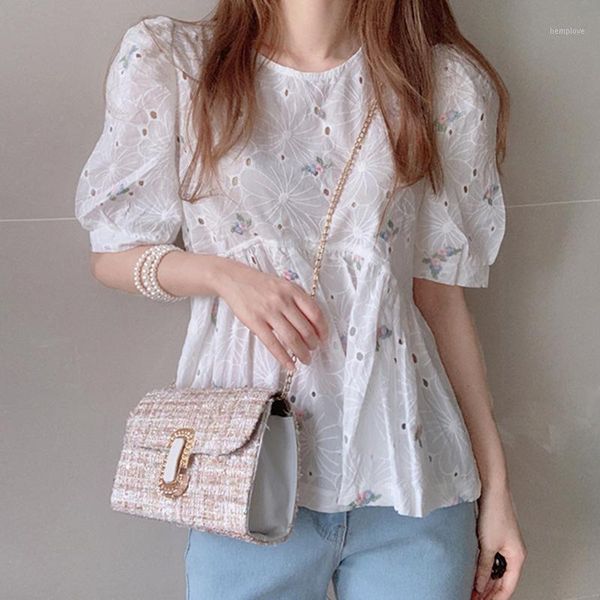 

korean style new 2020 shirts women summer sweet wild cotton ladies blouses and embroidered round neck shirts u6511, White
